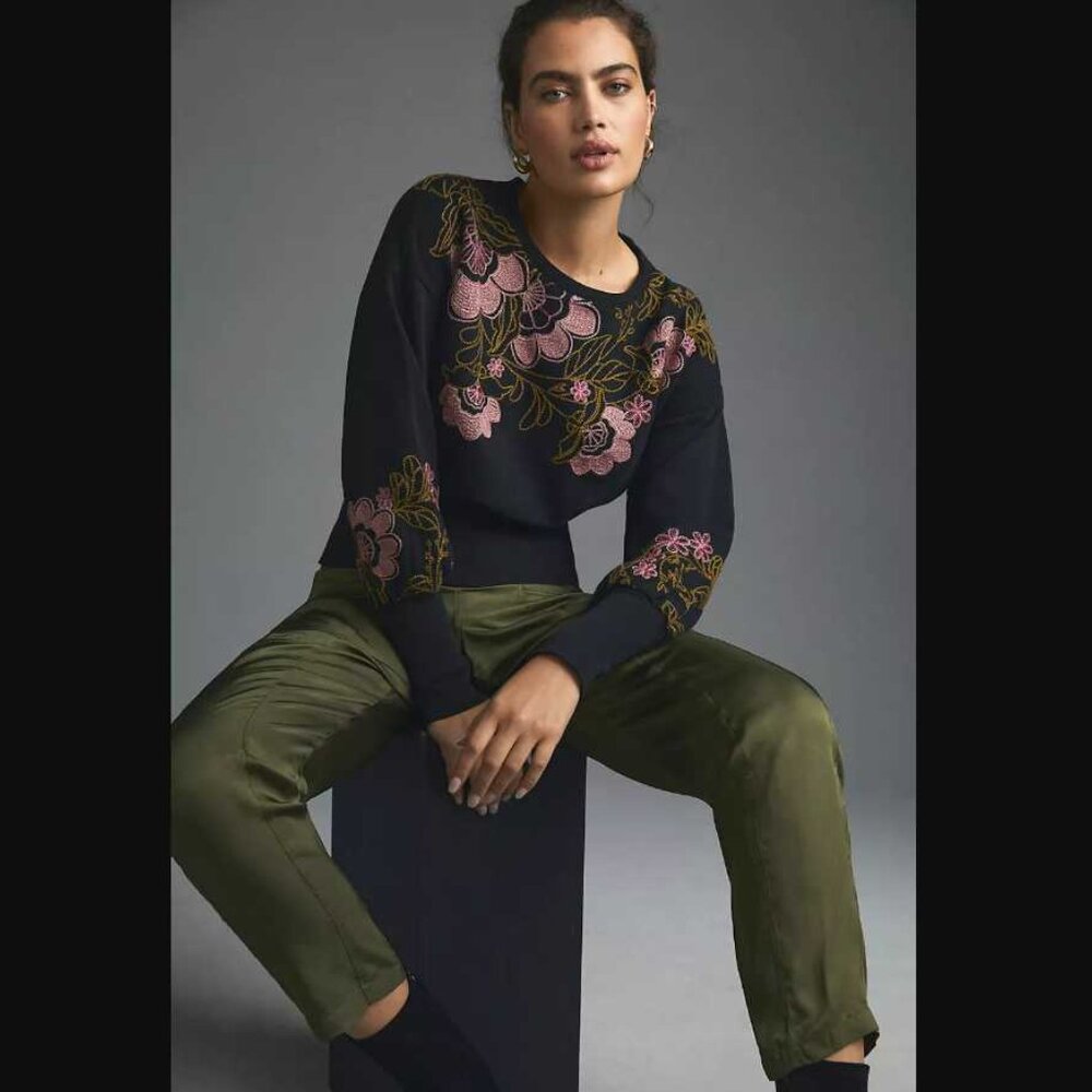 L By Anthropologie embroidered floral sweatshirt sweater in black - Picture 2 of 11